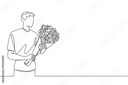 Continuous one line drawing young handsome man carrying a bouquet of flowers. Roses are a symbol of great love. Dream lover. Bring Flowers To Someone Day. Single line draw design vector illustration