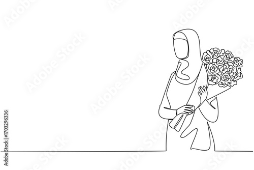 Single one line drawing an Arabian woman carrying a bouquet of flowers. Red roses are a sign of love for a legitimate partner. Bring Flowers To Someone Day. Continuous line design graphic illustration