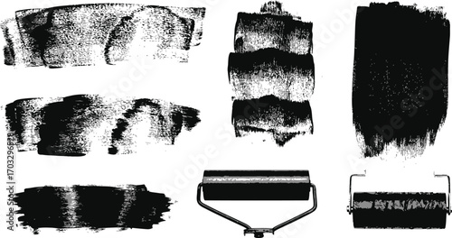 Black ink brush strokes and paint roller textures on white background grunge