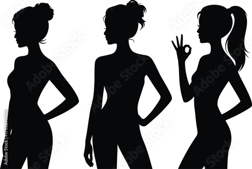 Silhouettes of three women standing — side view female figures, confident poses, one showing OK gesture, stylish and elegant profiles