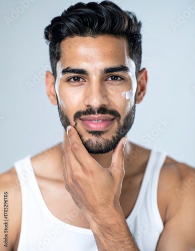 Confident man applying skincare cream on his face.