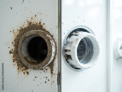 Close-up view of two dryer vents showcasing contrasting conditions, one dirty and one clean, in a home setting