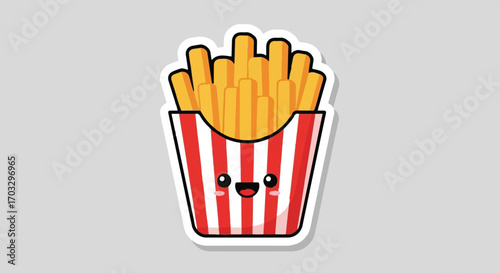 Vector illustration of a cute kawaii french fry character with a happy face in a classic striped carton sticker design
