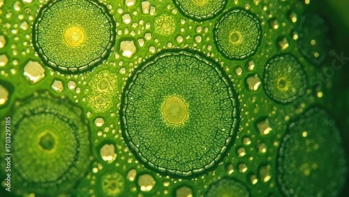Close-up view of vibrant green cellular structures showcasing intricate patterns and textures