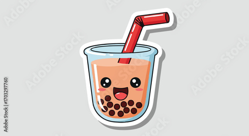 An adorable kawaii bubble tea illustration with a charming smiling face, featuring a delightful blended milk tea drink with sweet tapioca pearls