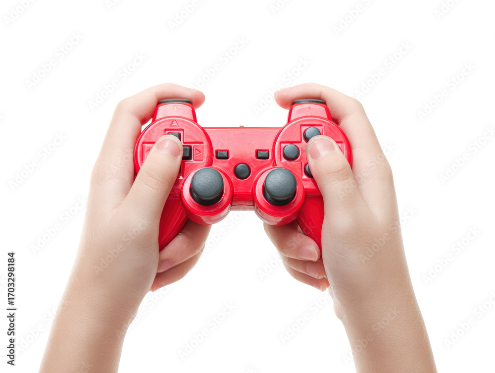 Fototapeta premium Hands holding red game controller, isolated, playful, close up, technology, gaming, fun