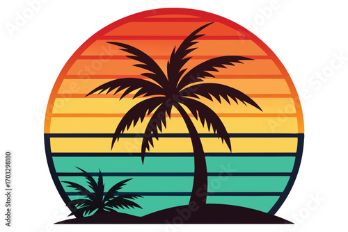 Palm tree silhouette graces the beach with sunset horizon, showcasing tropical serenity