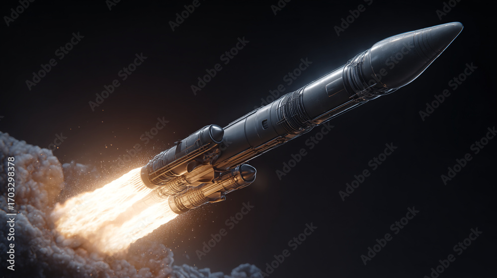 Obraz premium A rocket launching into space with bright flames and smoke against a dark background