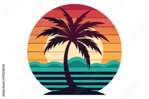 Vintage sunset with palm tree silhouette and ocean waves on a sunny beach