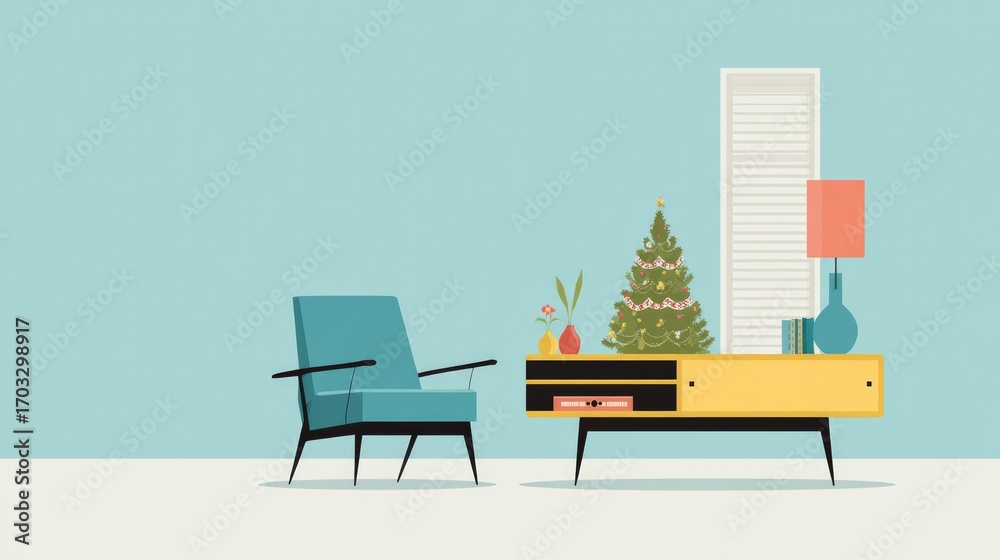 Fototapeta premium Cozy living room scene with stylish furniture and festive decora