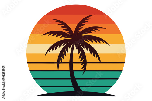 Dark palm tree stands silhouetted before retro sunset gradient background within oval