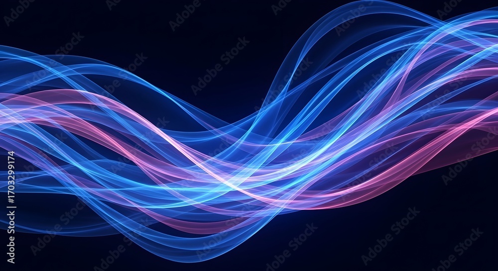 Naklejka premium Dynamic abstract flowing light waves in vibrant blue and pink hues create a mesmerizing, modern background ideal for technology and data visualization concepts.