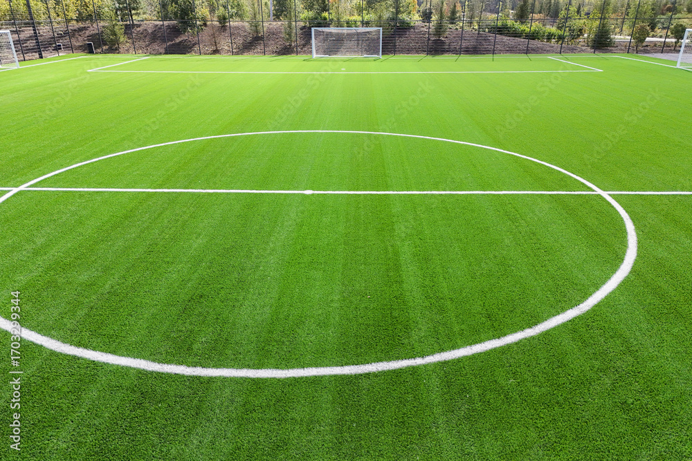 Obraz premium A soccer field with a white line in the middle. The field is green and well maintained