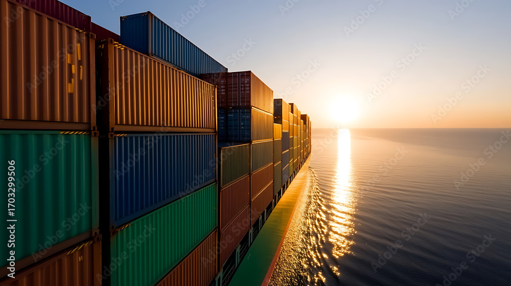 Fototapeta premium Ocean freight: cargo ship at sunset carrying stacked colorful shipping containers for global trade, showcasing transportation and logistics.