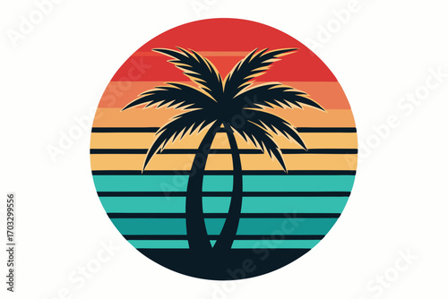 Retro palm tree silhouette stands before warm orange and teal striped sunset circle