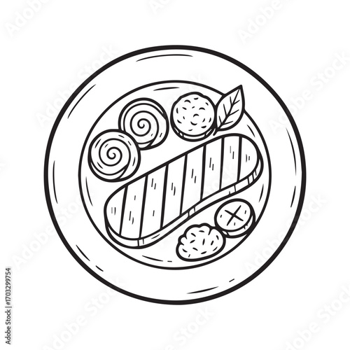 Hand-drawn doodle of a gourmet meal on a plate. Black and white line art illustration of a grilled steak dinner with vegetables, top view vector.
