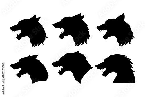 Collection of wolf head silhouettes with open mouth