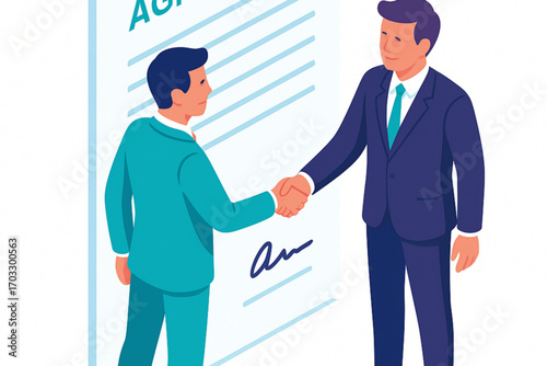 Two businessmen sealing a deal with a handshake, standing by signed agreement document