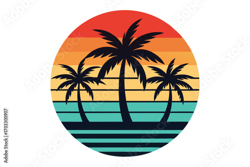Palm silhouettes stand before a colorful sunset and ocean inside of a circle