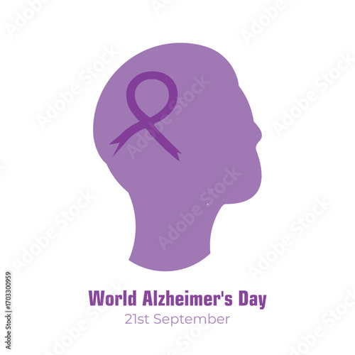 Vector illustration of World Alzheimer's Day for social media feed template. 21st September. Purple ribbon and human face design.