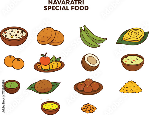 Navratri Vrat Food Vector Icon Set - Hindu Festival Dishes