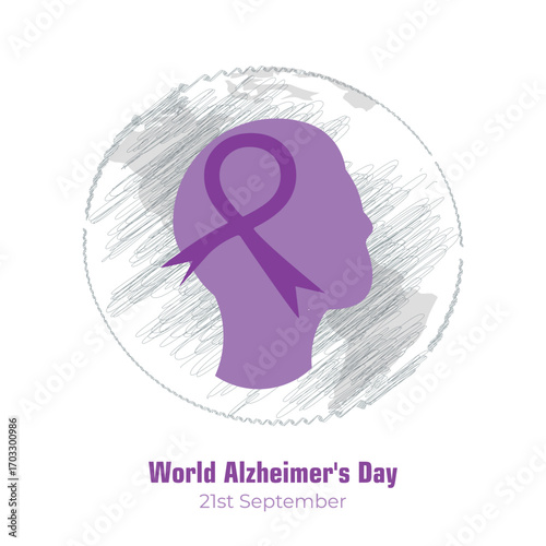 Vector illustration of World Alzheimer's Day for social media feed template. 21st September. Purple ribbon and human face design.
