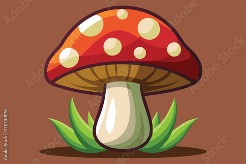 Cartoon mushroom with an orange cap and white spots grows among green leaves