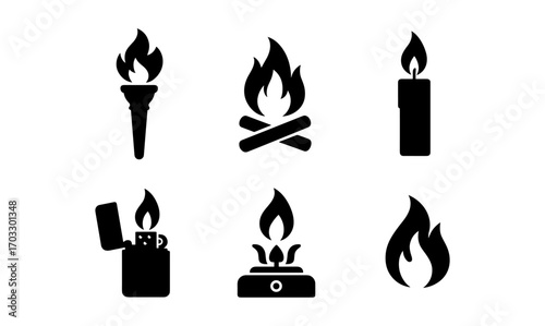 Collection of flame silhouettes: torches, campfire, candles, lighters, and stoves