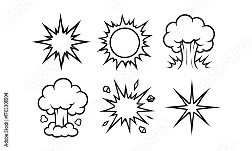 Bold black and white comic style explosion designs and icons