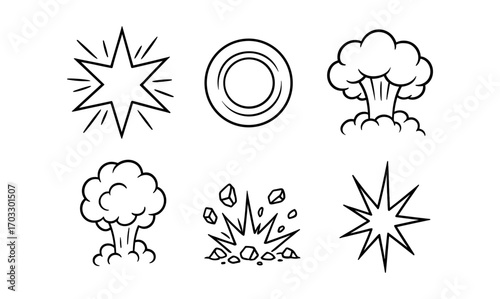 Black and white explosion elements: retro comic style icons and objects