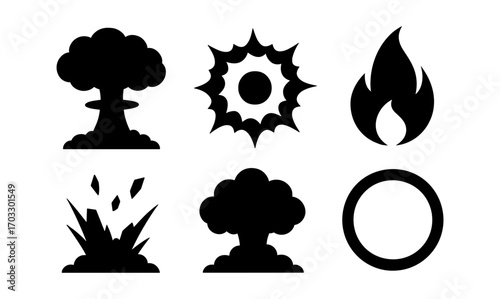 Silhouette icons of explosions and fire in minimal flat design