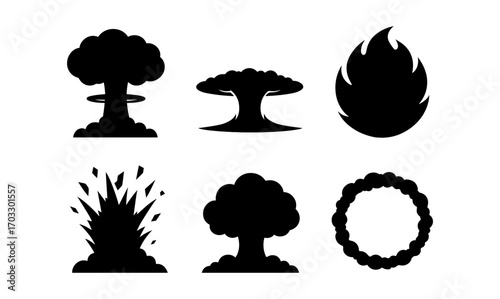 Silhouette explosions and fire icons set for design projects