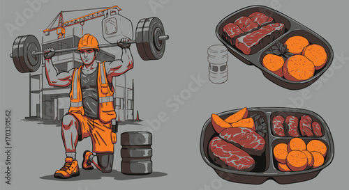 Vector illustration of a strong construction worker lifting weights and prepared healthy meal prep containers for fuel