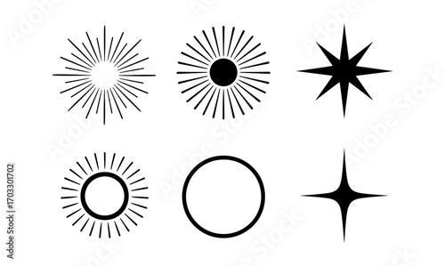 Minimalist sunburst and starburst icons in black and white design set