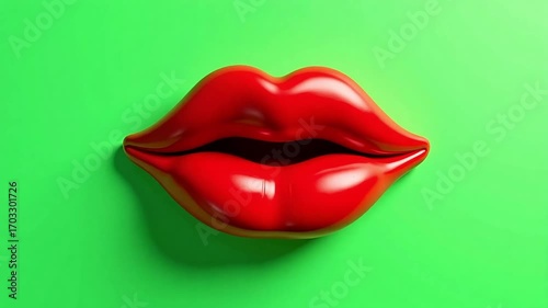  red lips with glossy sheen inviting a kiss against vibrant green background, dynamic motion implied
