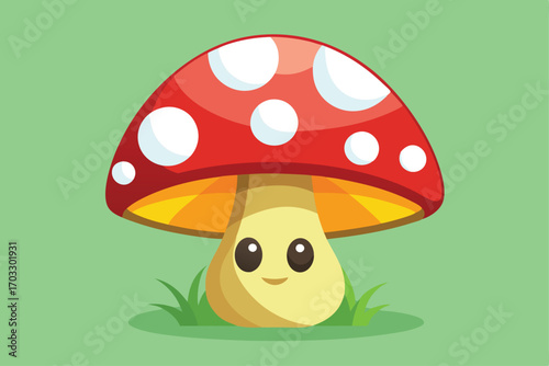 Happy cartoon mushroom with a red cap and white spots sits on green grass