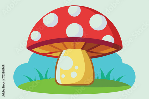 Cartoon mushroom featuring a red cap with white spots stands prominently on a vibrant green patch