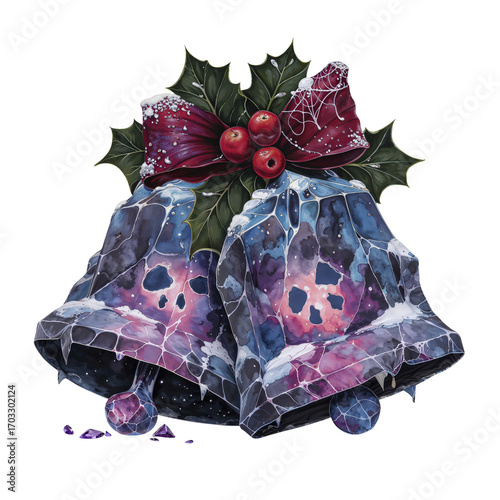 Two Christmas Bells Decorated with Berries, Bow, Holly Leaves, and Snowflakes in a Watercolor Style