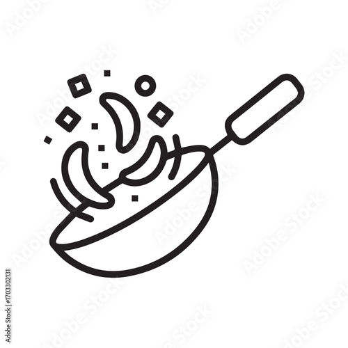 Stir fry cooking in a wok pan icon. Sizzling food preparation process. Black and white kitchen utensil line art vector illustration.
