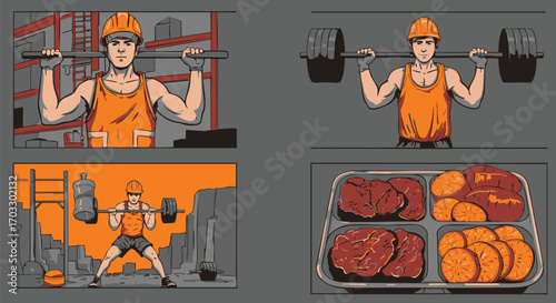 A graphic illustration series showing a blue-collar worker's dedication to strength training, bodybuilding, and nutrition