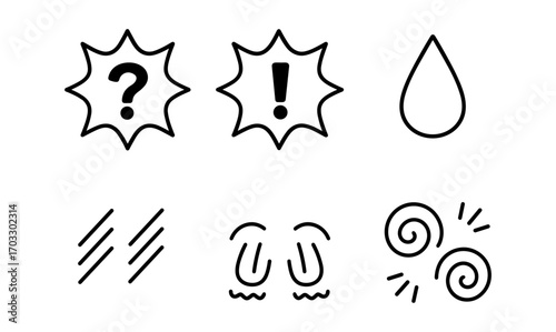 Simple hand-drawn icon set with question, exclamation, and weather symbols