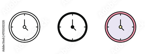 Clock icon illustrated in line art, fill, and colored outline styles with a white background. Perfect for time management, schedules, deadlines, and reminders.