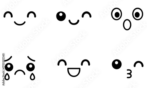 Minimalist cartoon emoji faces with varied expressions on white background