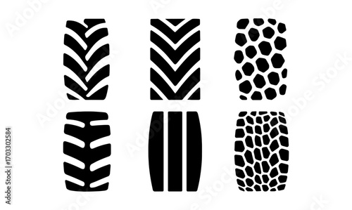 Collection of bold tire tread patterns in black silhouette style for design inspiration