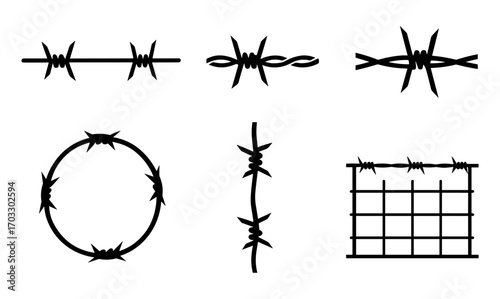 Barbed wire designs in black silhouette for security and decoration