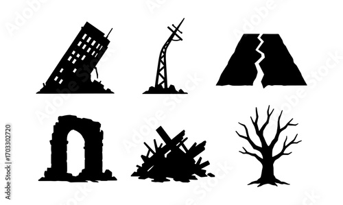 Silhouette icons of natural disasters and urban destruction