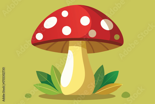 Single fly agaric mushroom features white spots on a red cap, with green leaves