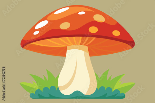 Vibrant red mushroom with white and yellow spots stands amidst green grass