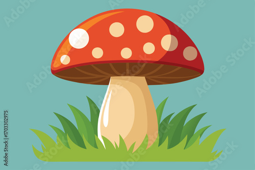 Bright red mushroom featuring prominent white spots emerges from green grass against a light blue background