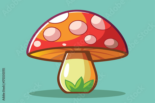 Animated mushroom showing red and orange polka dots on the cap growing near green plants